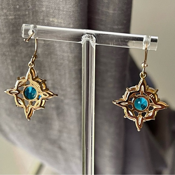 Bomb Party | Blue Center Stone and Clear Marquis Shaped CZ Gold Plated Earrings - Picture 9 of 13